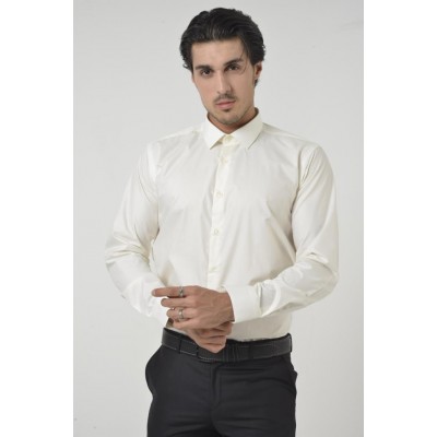  Ekru Klasik Yaka  Slim Fit Gömlek 